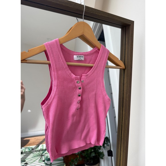 The Workshop Pink Ribbed Knit Button Front Sleeveless Crop Top Tank Small - Picture 1 of 5